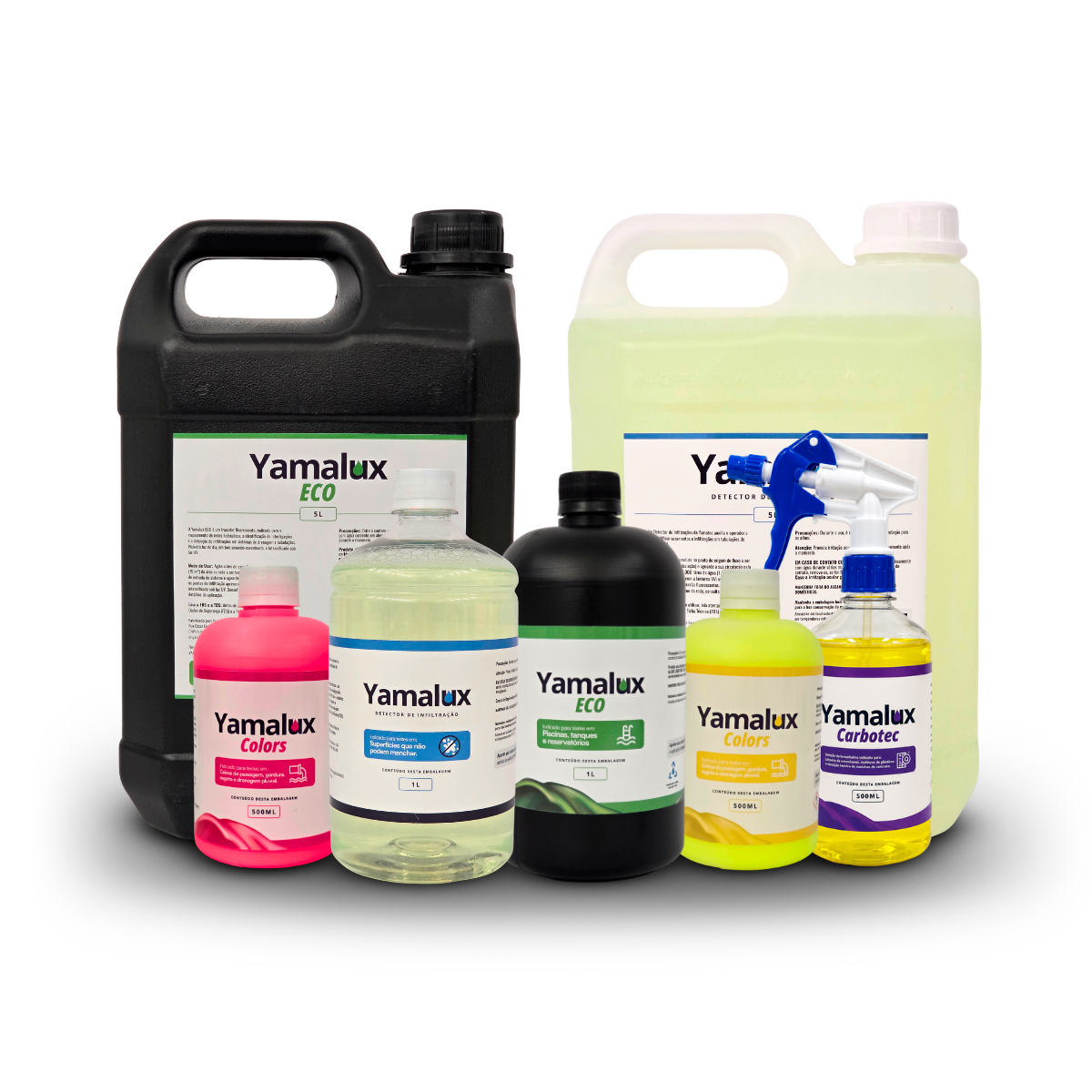 Linha Yamalux: frascos e galões dos traçadores Yamalux Tradicional, Colors, Eco e Carbotec